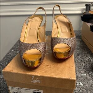 Christian Louboutin Gold and Silver Glitter Slingback Heels